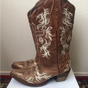 Corral brown cowboy boots western cowgirl cross crystal rhinestone embroidered